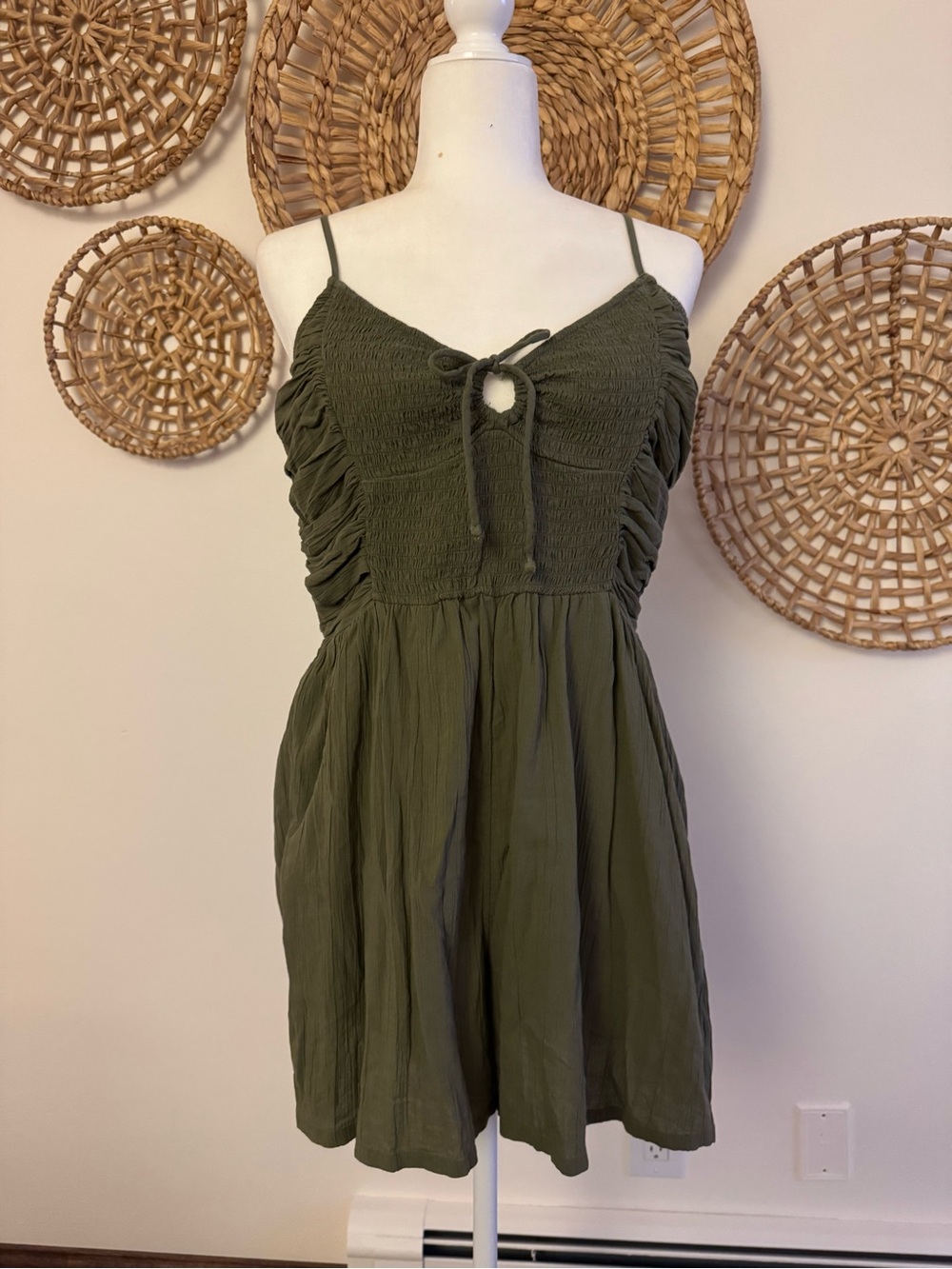Olive Green Smocked Tie-Front Romper